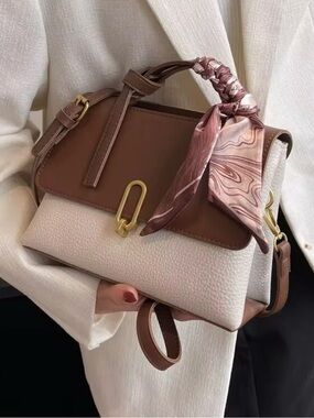 SHEIN Two-Tone Brown and Cream Top Handle Crossbody Bag with Scarf